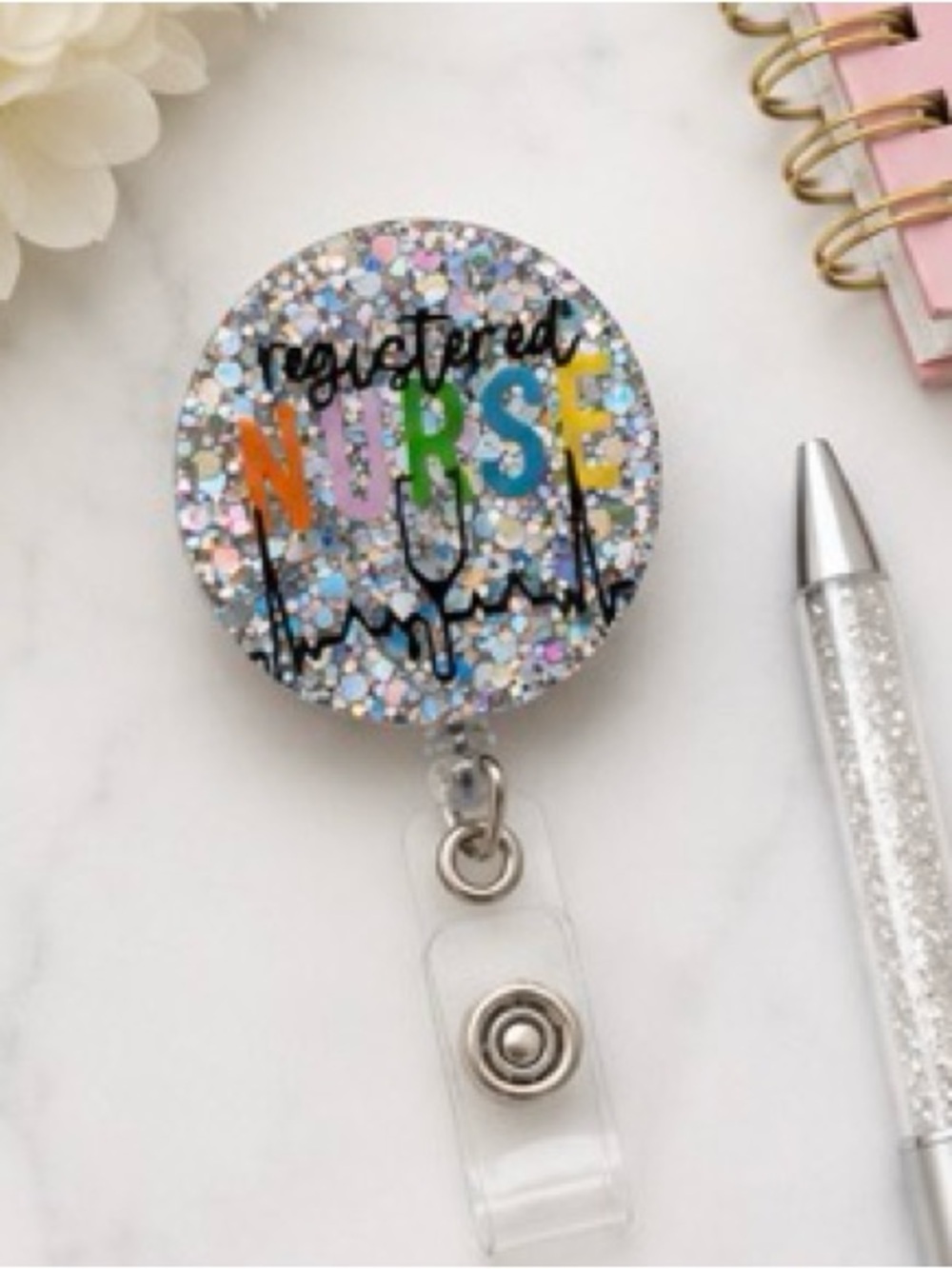 Glitter 'NURSE' Retractable Badge Reel - Multicolor